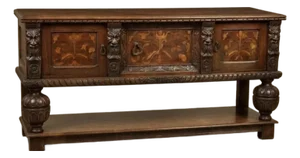 Antique Flemish Carved Oak Sideboard Late 19th Century Toms-Price Chicago Provenance Grotesque Masks Marquetry Inlay