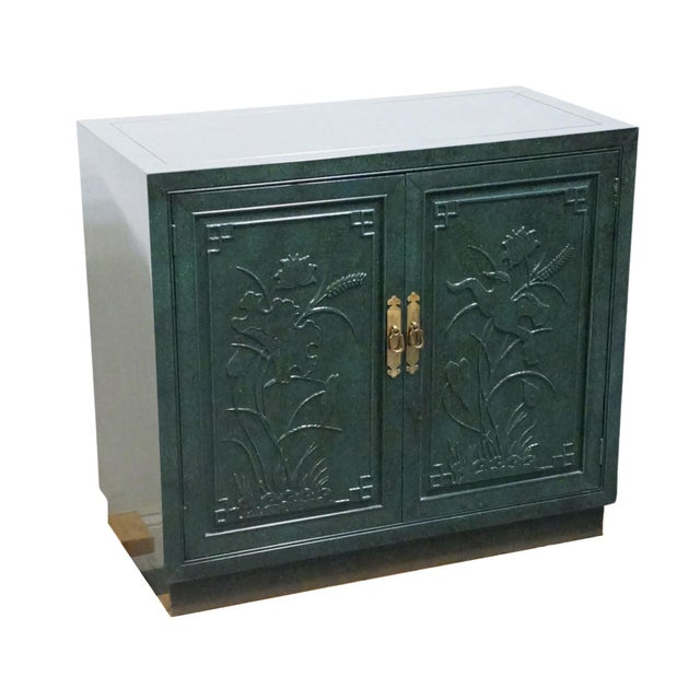 Henredon Henredon Furniture Green Asian Chinoiserie Faux Malachite 36" Storage Cabinet W. Embossed Floral Detail For Sale - Image 4 of 17
