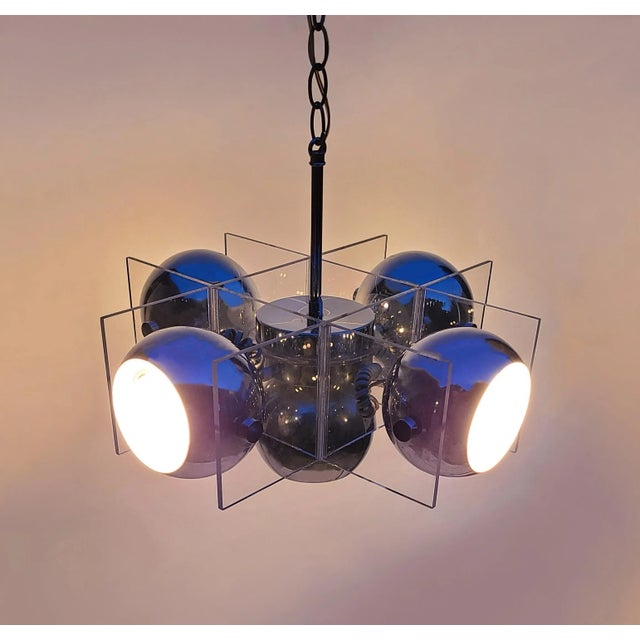 Mid 20th Century 70s Chrome 5-Eyeball Lights Chandelier With Hashtag Lucite Frame Attributed to Riggiani For Sale - Image 5 of 9