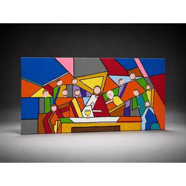 A large colorful geometric abstract canvas artwork featuring a bold cubist-style group scene with strong black linework...