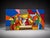 A large colorful geometric abstract canvas artwork featuring a bold cubist-style group scene with strong black linework...