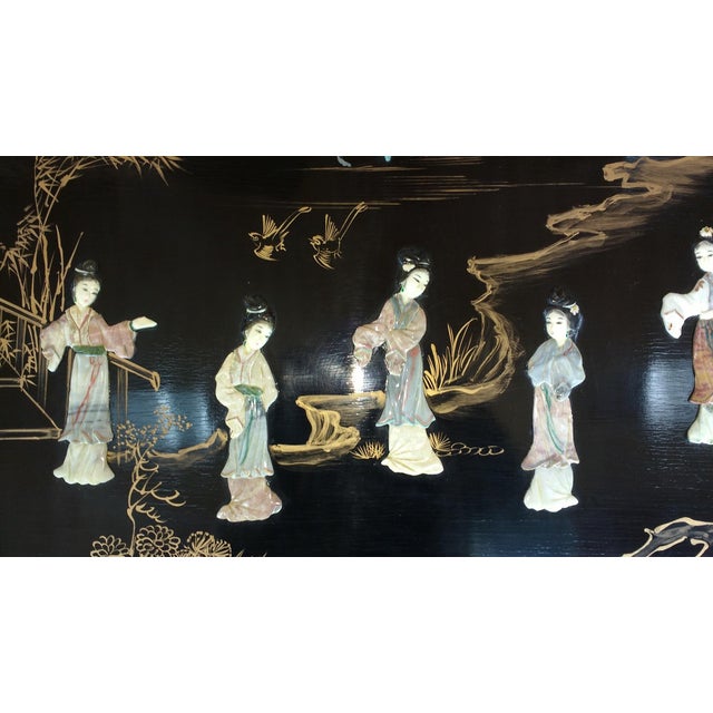 Antique Chinoiserie Black Accent Table Asian Design Geisha Glass Top For Sale - Image 11 of 14
