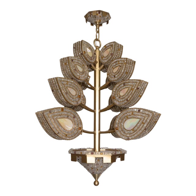 Beaded and Stained Glass Foliate Motif Chandelier by Marcelo Bessa For Sale