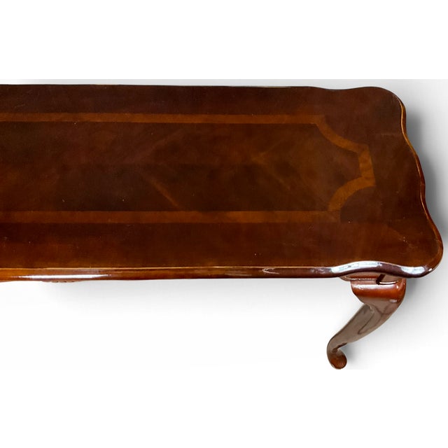 Late 20th Century Queen Anne Style Carved Shell Inlaid Banded Mahogany Console Sofa Table With Pad Feet For Sale - Image 13 of 18