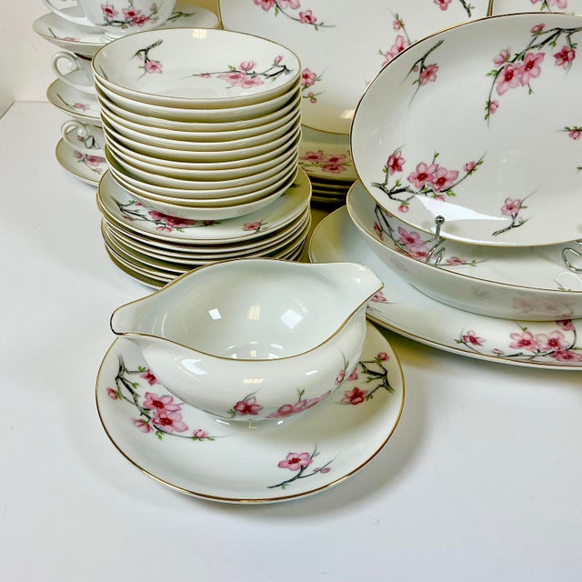 1940s Vintage Hollywood Regency Japanese Minimalist Cherry Blossom Dinnerware - Set of 56 For Sale - Image 9 of 14