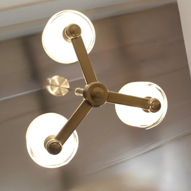 Mid-Century Modern Brushed Nickel Modern 3 Light Chandelier | Sloped Ceiling For Sale - Image 3 of 5