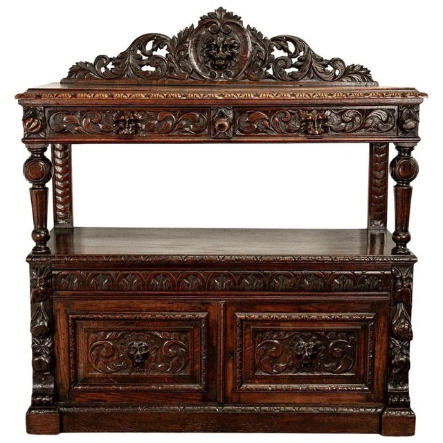 Wood Antique Scottish Carved Oak Renaissance Revival Wine Server Buffet Sideboard For Sale - Image 7 of 12