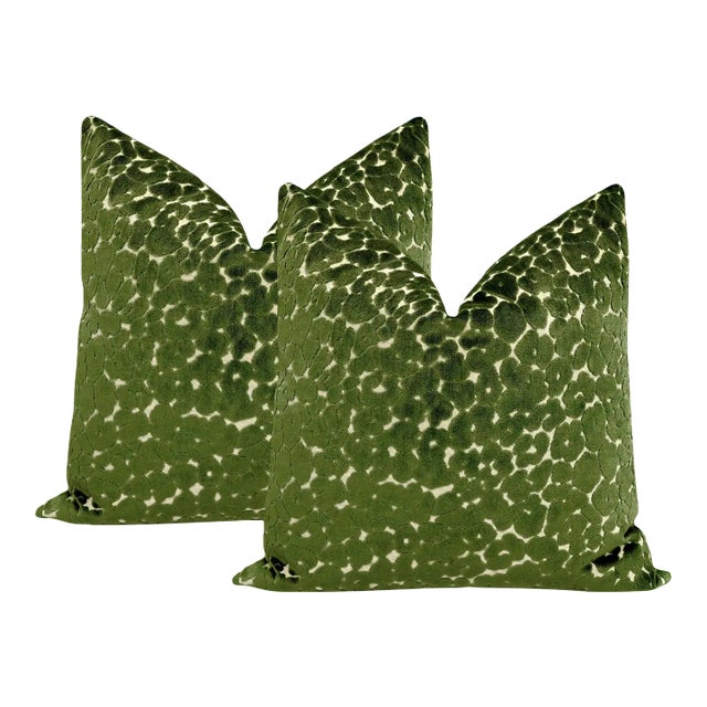 20" Olive Leopard Cut Velvet Pillows - a Pair For Sale