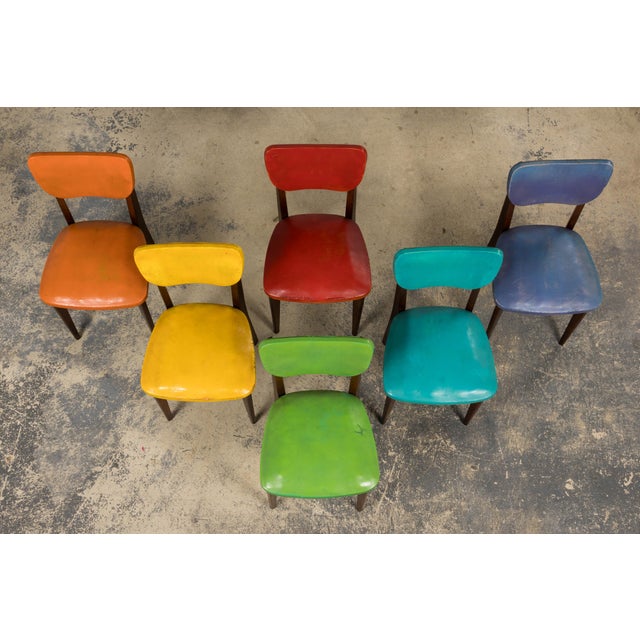 Mid Century Modern French Oak Dining Chairs in Rainbow Vinyl - Set of 6 For Sale - Image 4 of 18