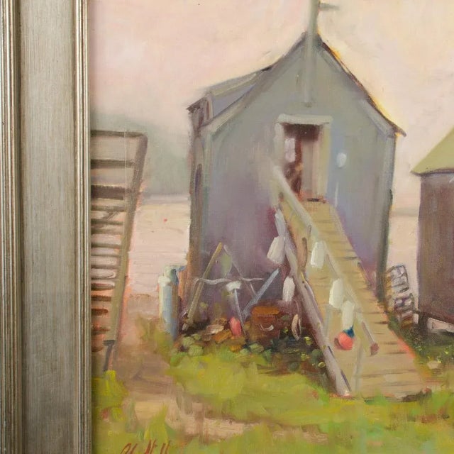 Late 20th Century "Fishing Shacks" Impressionist Style Oil Painting by Alison Hill, Framed For Sale - Image 4 of 10