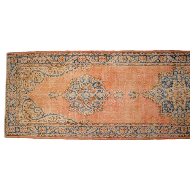 Traditional Ottoman Design Distressed Oushak Runner Rug Faded Colors Low Pile - 3'2″ X 12'2″ For Sale - Image 9 of 13