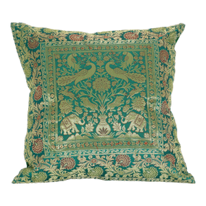 Emerald Green Exotic Silk Throw Pillow With Elephants and Peacocks India