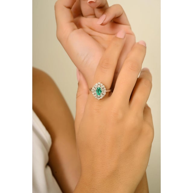 Victorian Princess Style Cluster Diamonds & Emerald 14k Gold Ring Size 6 For Sale - Image 9 of 13