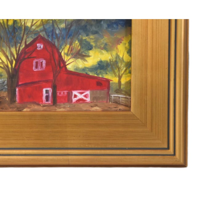 Charming farmhouse red barn landscape still life oil painting on artist canvas panel. Unsigned. Included are the...