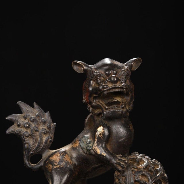 Metal Pair of Antique Gilt Bronze Guardian Lions – 8.7" Foo Dogs on Drum Bases With Cub & Ball For Sale - Image 7 of 9