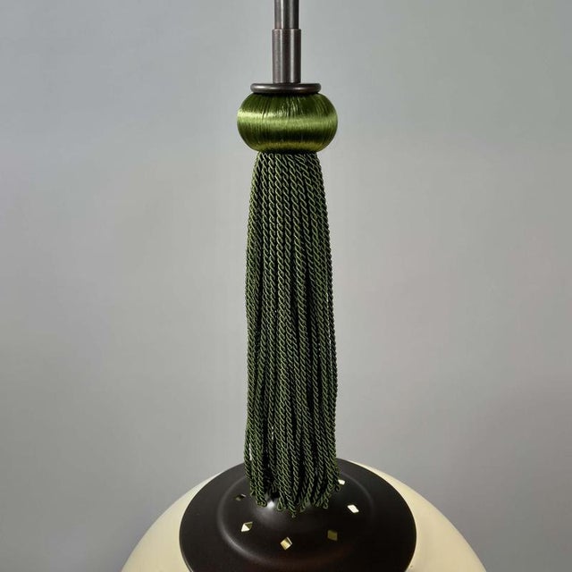 Opaline Glass and Burnished Brass Ball Pendants with Tassels, Germany, 1930s, Set of 2 For Sale - Image 9 of 17