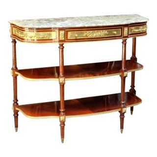 French Open Console Table With Hand-Gilded Gold Leaf Details & Solid Wood Shelving & Marble Topped For Sale