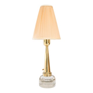 Art Deco Glass and Brass Table Lamp with Fabric Shade, 1920s For Sale