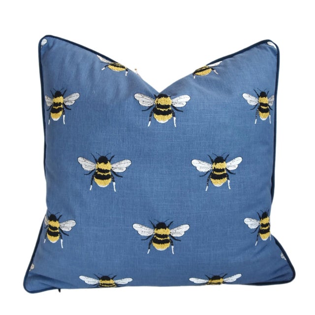 Textile Blue French Napoleonic Embroidered & Tufted Bee Linen & Velvet Feather/Down Pillow 22” Square For Sale - Image 7 of 10