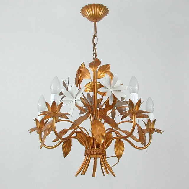Gold Mid-Century 5-Light Gilt Leaf & White Blossom Chandelier by Hans Kögl, 1970s For Sale - Image 8 of 18