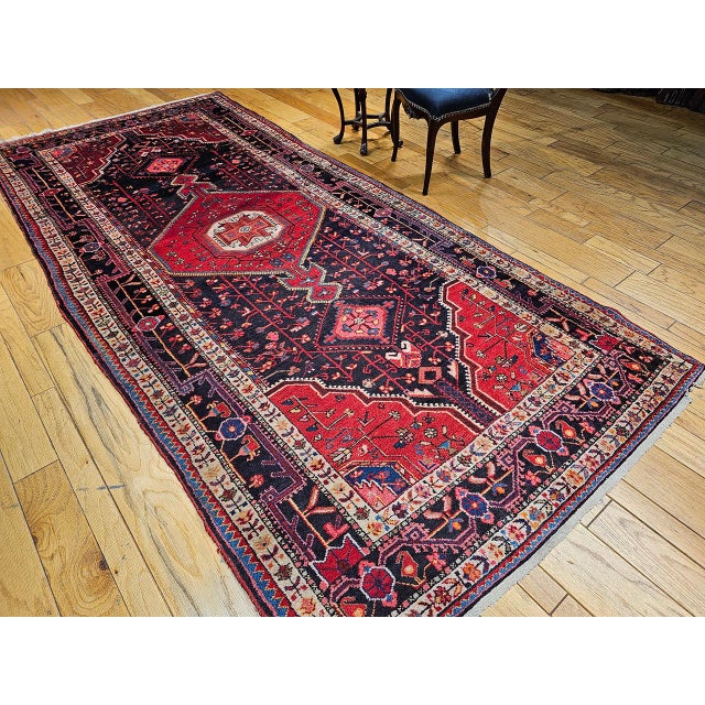 Textile Vintage Persian Hamadan Gallery Rug, Hand-Knotted Wool, Geometric Medallion Pattern, Navy & Red, 6x12 For Sale - Image 7 of 17