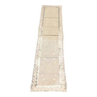 70" X 16 Vintage Crochet Table Runner Ecru Embroidered Farmhouse Traditional Primitive Grandmacore Linen For Sale
