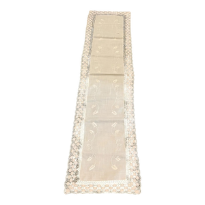 70" X 16 Vintage Crochet Table Runner Ecru Embroidered Farmhouse Traditional Primitive Grandmacore Linen