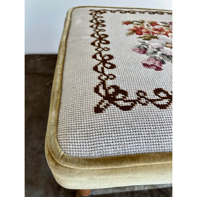 Mid-Century Modern Needlepoint & Chartreuse Velvet Footstool — Vintage Square Ottoman With Tapered Walnut Legs and Brass Ferrule Accents For Sale In Milwaukee - Image 6 of 18