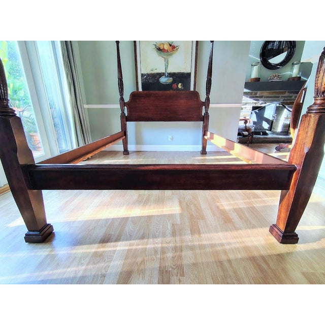 Wood 1980s Mahogany Rice Carving Poster Bed Queen Size For Sale - Image 7 of 12