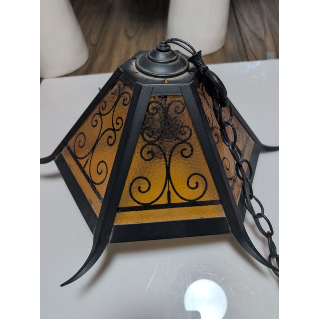 Amber Mid 20th Century Spanish Revival Wrought Iron Swag Pendant Lamp For Sale - Image 8 of 12