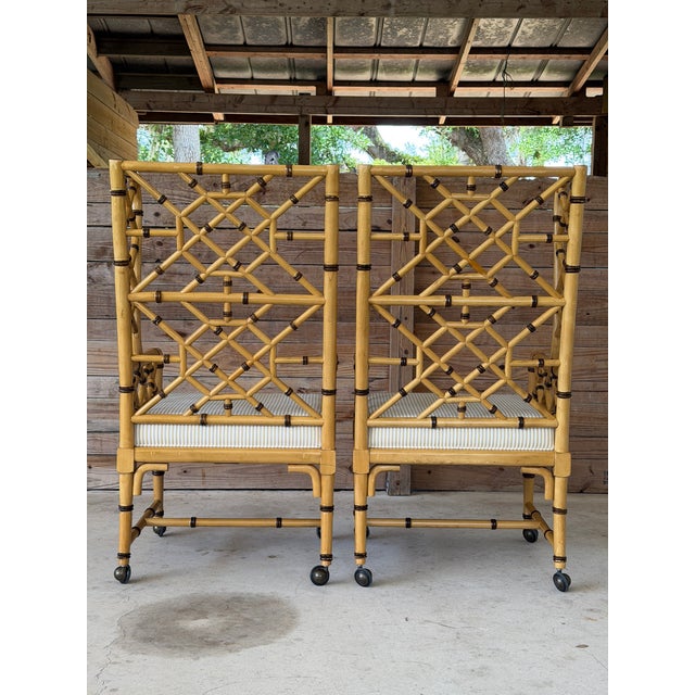 Chinoiserie Pair of Vintage Coastal Faux Bamboo Rattan Lattice Armchairs by French Heritage For Sale - Image 3 of 12