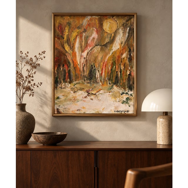 Original expressive painting signed and dated “g. Bjørheim 89”. the composition moves between abstraction and landscape,...