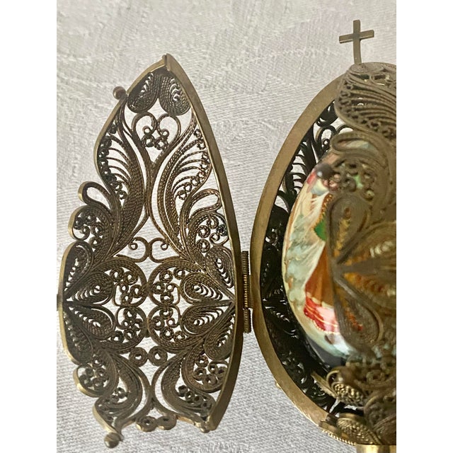 Vintage Fedoskino Russian Triptych Brass Filigree With Lacquer Egg Shape With Father Frost and the Snow Maiden Signed M. Izotova. For Sale In Denver - Image 6 of 15