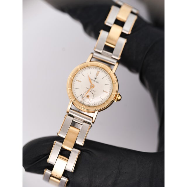 Contemporary Vintage Rolex Precision 2-Tone Manual Wind Flex Stretch Bracelet Ladies Watch For Sale - Image 3 of 12