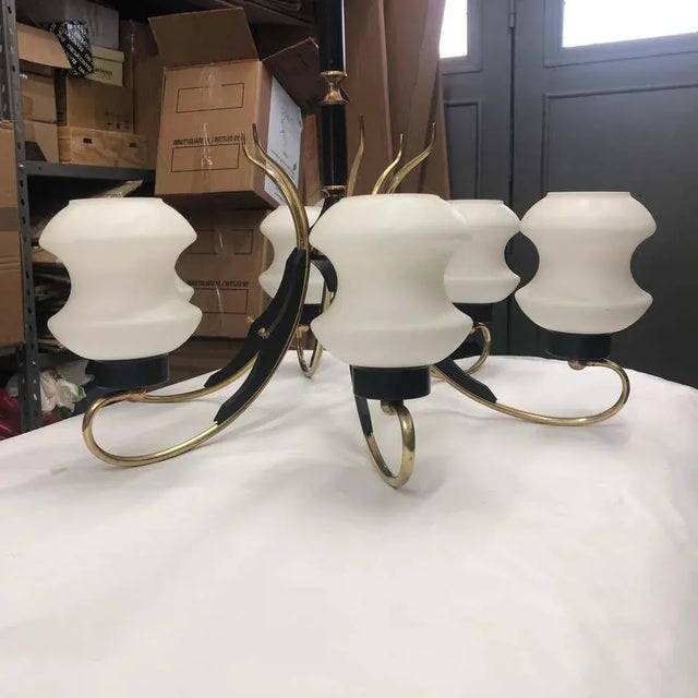 1950s Italian Mid-Century Modern Brass Ebonized Wood and White Glass Chandelier For Sale - Image 9 of 13