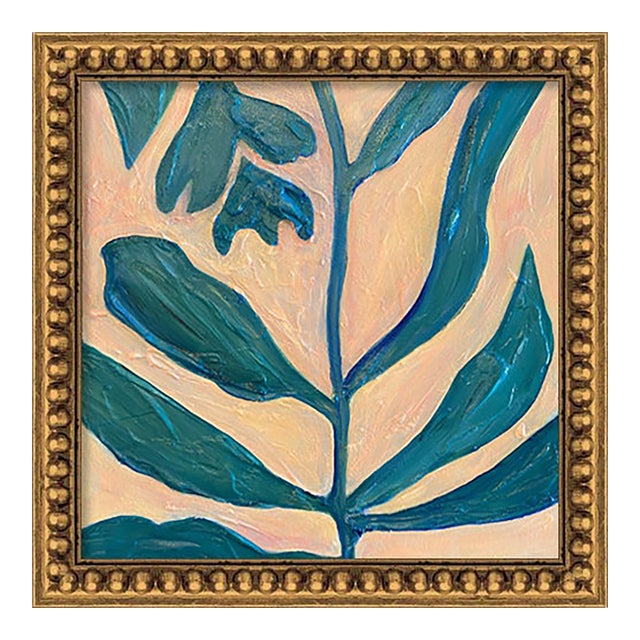 Aqua Stem – Original Oil Painting in Gold Gilded Frame – Modern Botanical Art 13.3" X 13.5" – Artwork by Tatiana Duperault For Sale