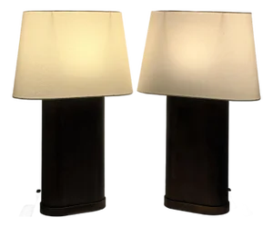 Thomasville Contemporary Bronze Table Lamps With Linen Shades - a Pair