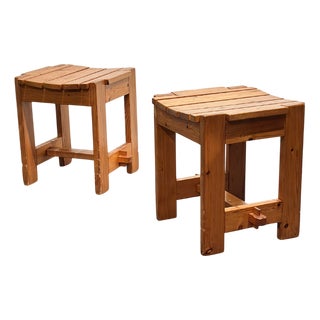 Swedish Brutalist Pine Stools, 1960s, Set of 2 For Sale