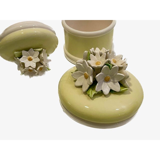 1960s Vintage Japanese Capodimonte Style Celadon Floral Canisters - Pair For Sale - Image 5 of 10