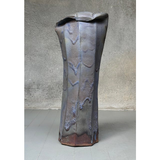 Postmodern Vintage Monumental George Ohr Style Abstract Raku Drip Glazed Vase by Seiko Behr For Sale - Image 3 of 4