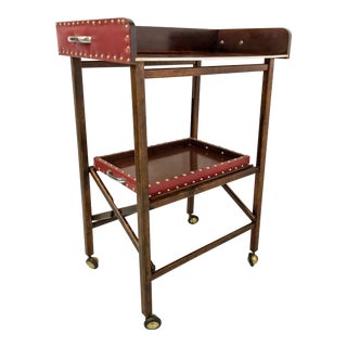 1950s Vintage Leather 2 Tray Bar Cart For Sale
