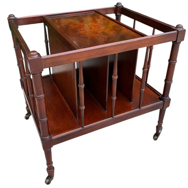 Vintage Hekman magazine rack side table featuring faux bamboo supports, a beautifully figured burl-top veneer, and a warm...
