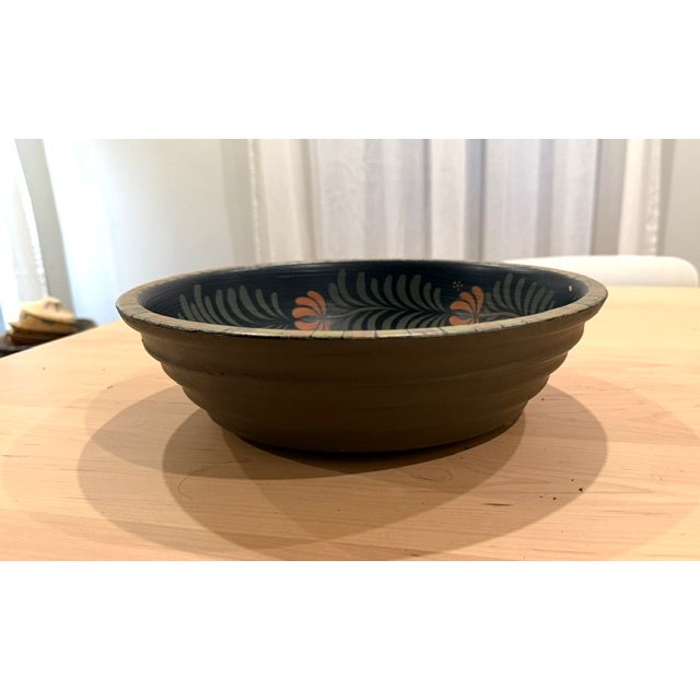 Vintage Pennsylvania Dutch Hand painted Classic Black Wooden Bowl Signed 12" D by 3.5"H Condition is excellent