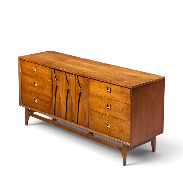 Broyhill Brasilia Mid Century Walnut and Brass Lowboy Dresser For Sale - Image 10 of 10
