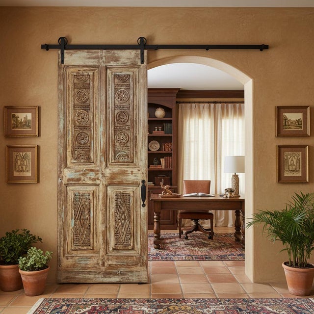 Brown Antique Hand-Carved Floral Wood Barn Door | Rustic Farmhouse Statement Single Door 80x26 For Sale - Image 8 of 8