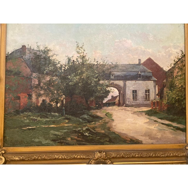 Fine Antique European Village Landscape, Oil on Canvas, Elaborate Gilt Frame For Sale - Image 4 of 5
