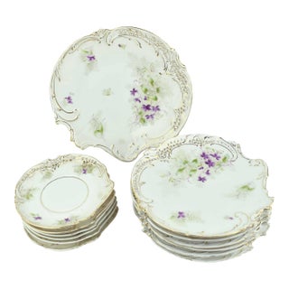 Early 20th Century Bavaria Hand Painted Floral With Pierced Edge and Gold Accent Trim Plates Set - 13 PCS For Sale
