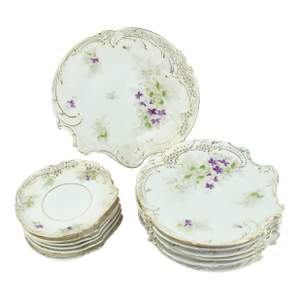 Early 20th Century Bavaria Hand Painted Floral With Pierced Edge and Gold Accent Trim Plates Set - 13 PCS