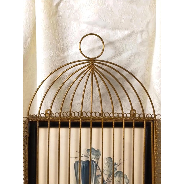 1950s Chinoiserie Caged Blue Bird Original Watercolor Painting by William Edwin Fager Gilt Metal Birdcage Frame For Sale - Image 11 of 17