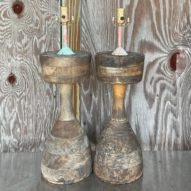 Late 20th Century Vintage Rustic Sculptural Turned Wood Table Lamps, Pair For Sale - Image 5 of 14